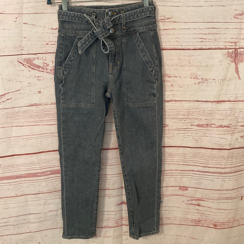 Veronica Beard High-Rise Paperbag Waist Jeans in Washed Gray